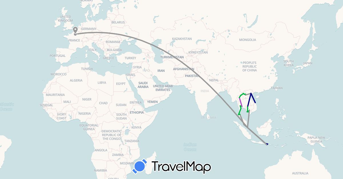 TravelMap itinerary: driving, bus, plane, train, motorbike in France, Indonesia, Cambodia, Laos, Malaysia, Singapore, Thailand, Vietnam (Asia, Europe)